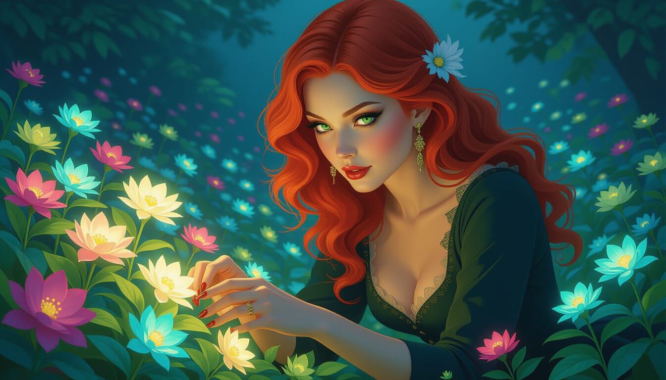 Whimsical Garden Scene With Bioluminescent Flowers