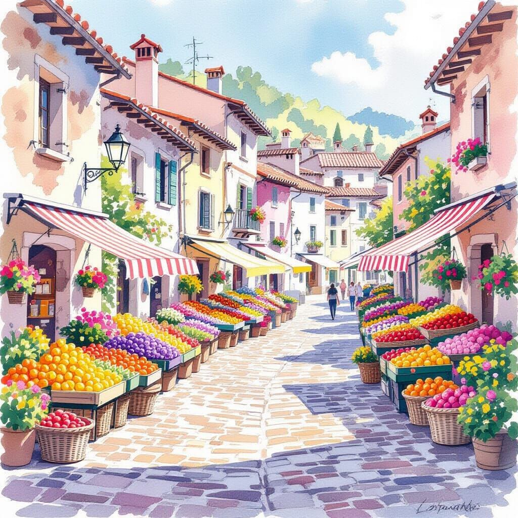 Sunlit Hill-Town Market in Watercolor
