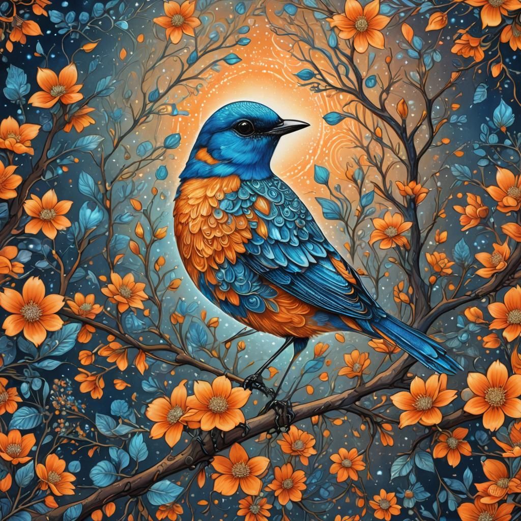 Astral Bird with Orange Flowers in Visionary Art