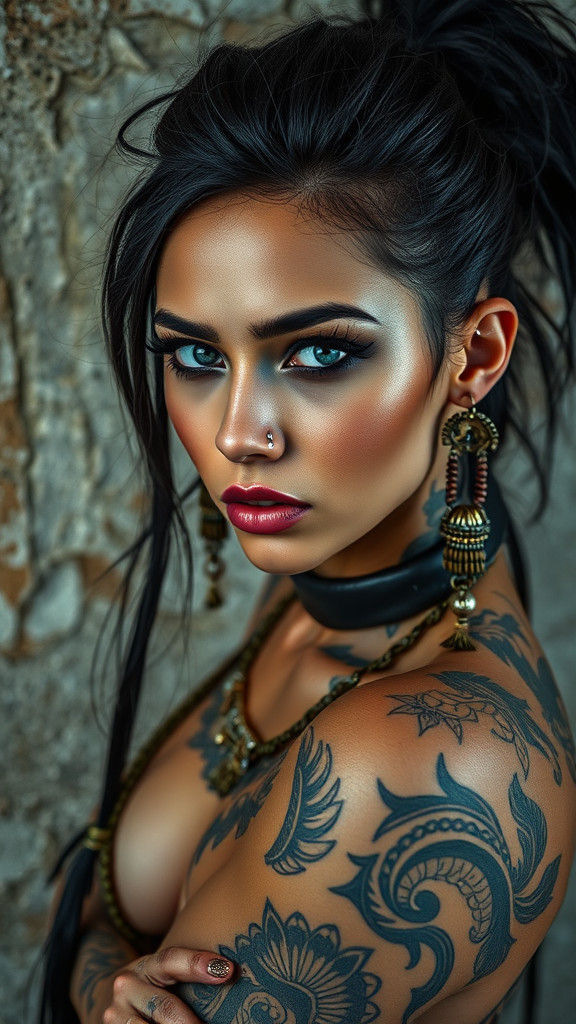 Tribal Bohemian Woman with Piercings and Tattoos
