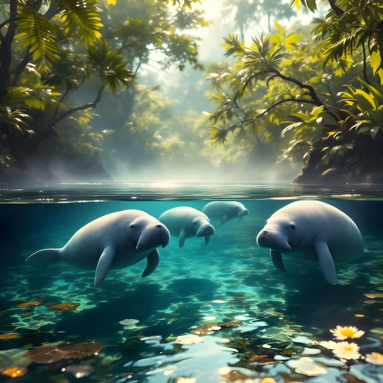 Manatees in Subtropical River Landscape