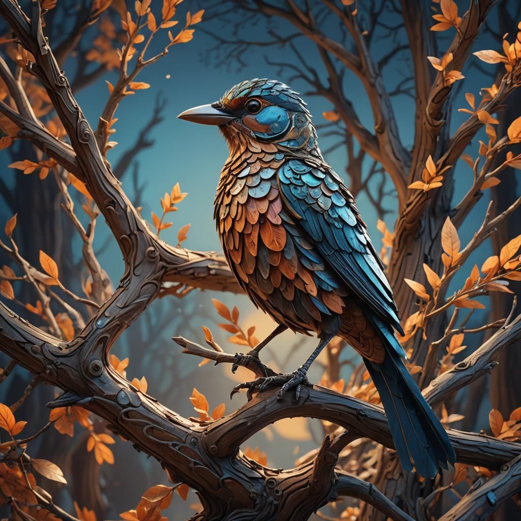 Ornate Wooden Bird Perched on a Branch
