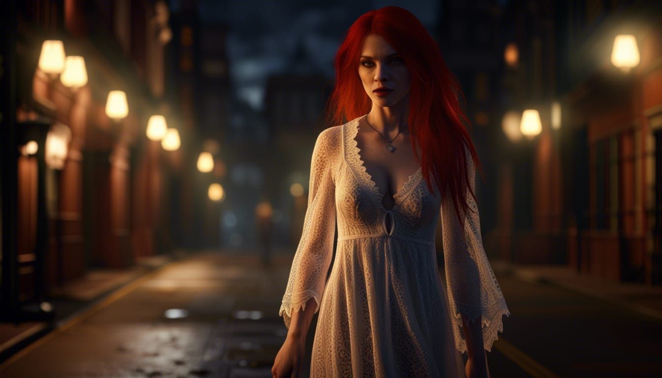 Redhead Vampire in Lacy Gown at Night