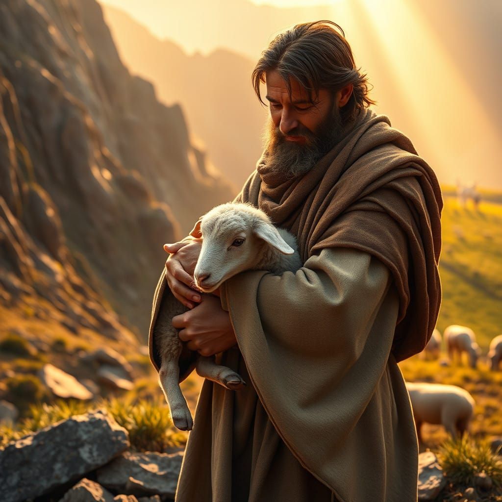 Shepherd Finds Lost Sheep in Mountainous Landscape