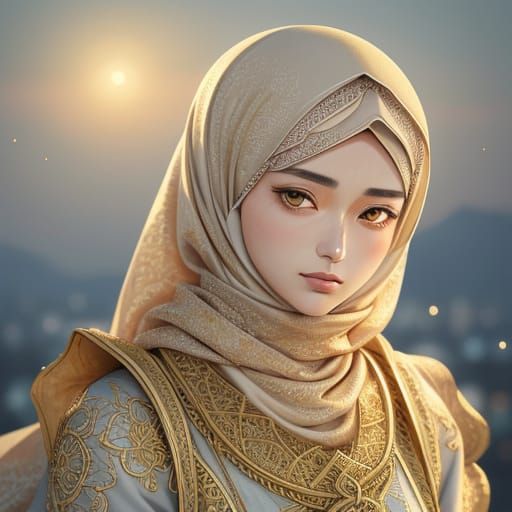 Anime Style Thread Art of a Girl in Hijab