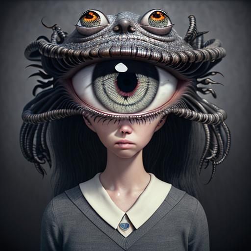 Surreal Eyeball Kid in Photorealistic School, Detailed 3D