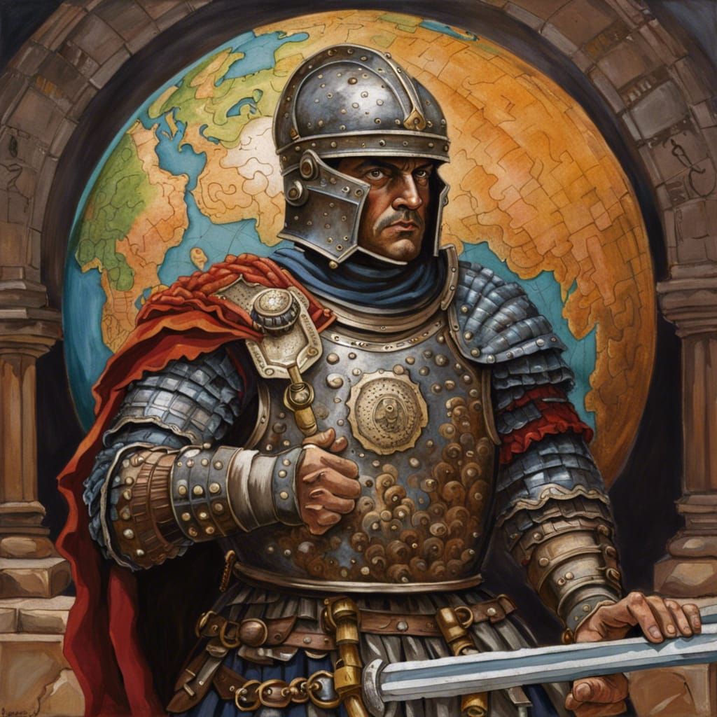 Triumphant Roman Legionary in Ink-Colored Oil Painting