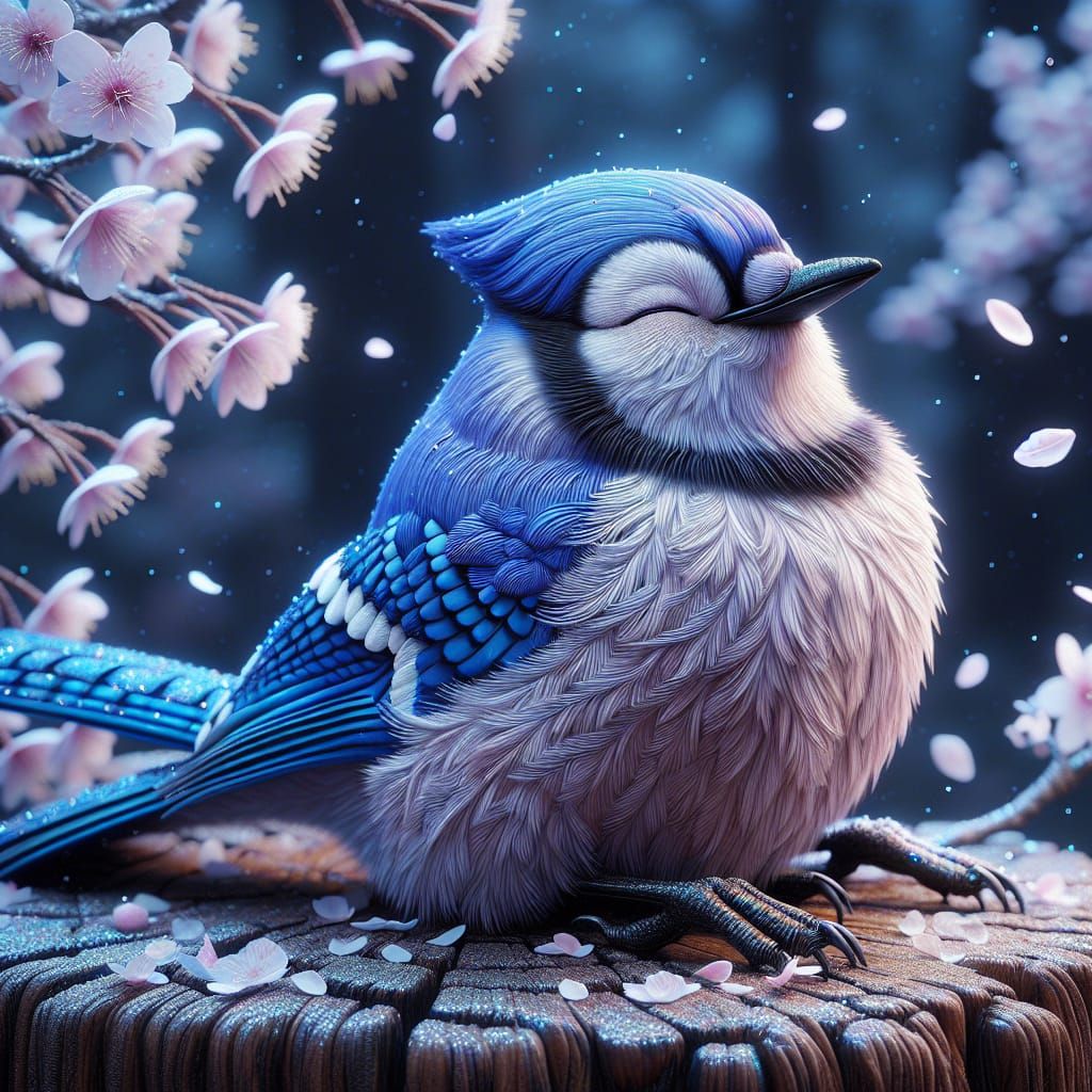 Blissful Blue Jay in Sakura Snowfall