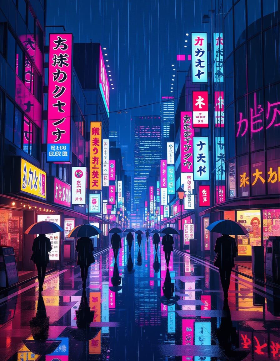 Rainy Tokyo Neon Street Scene with Kanji Signs