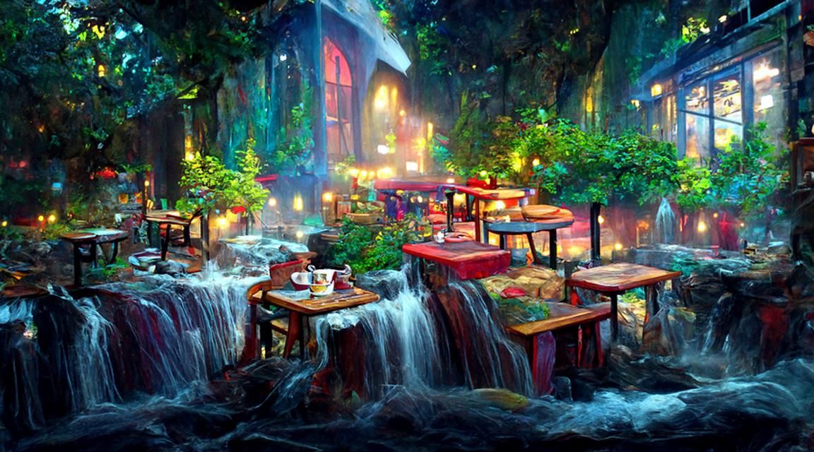 Night Cafe by Waterfall in Colorful Vista