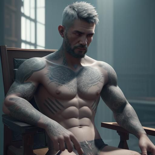 Tattooed Man in Chair: 3D Cinematic Render