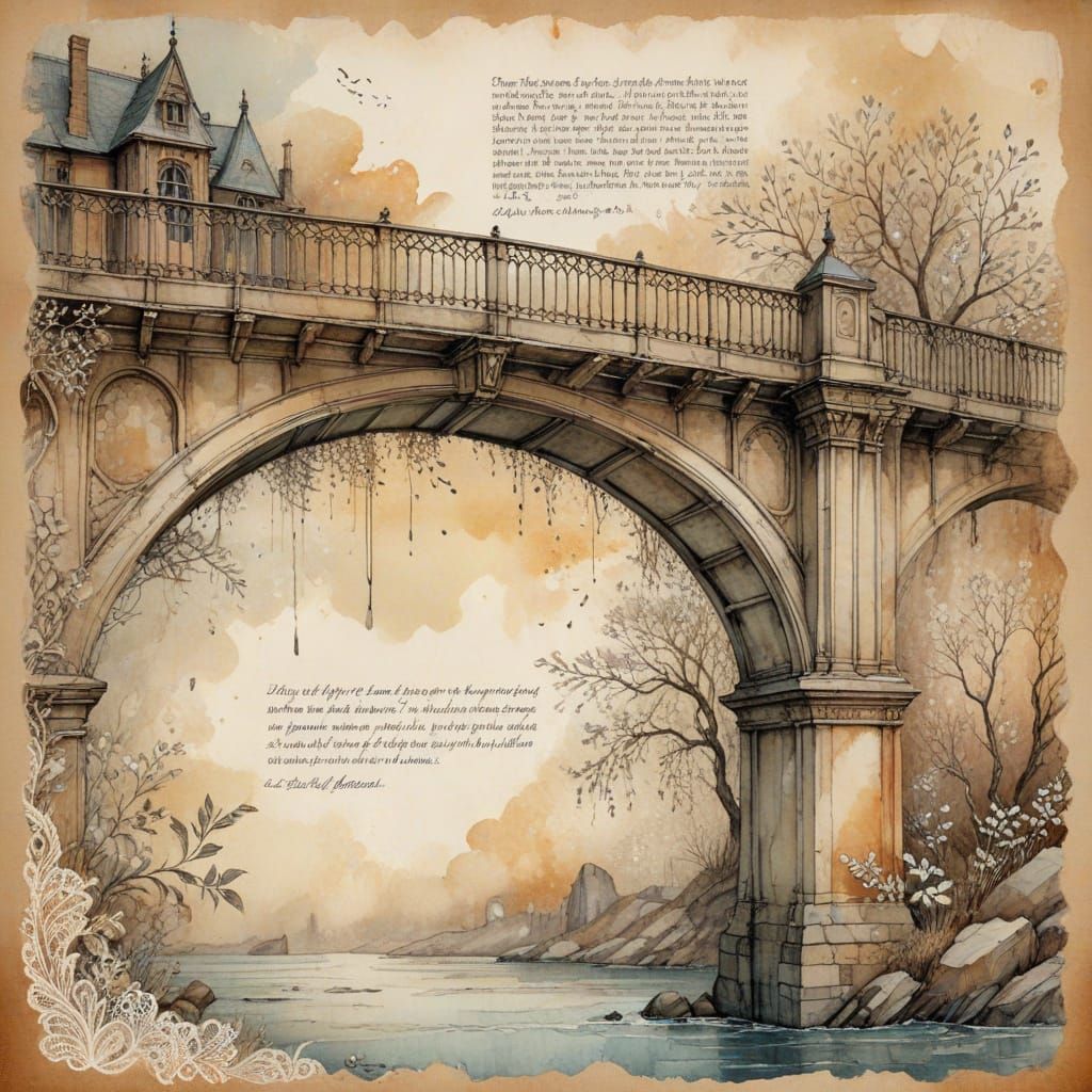 Ethereal Watercolor Viaduct Bridge with Delicate Lace Detail...