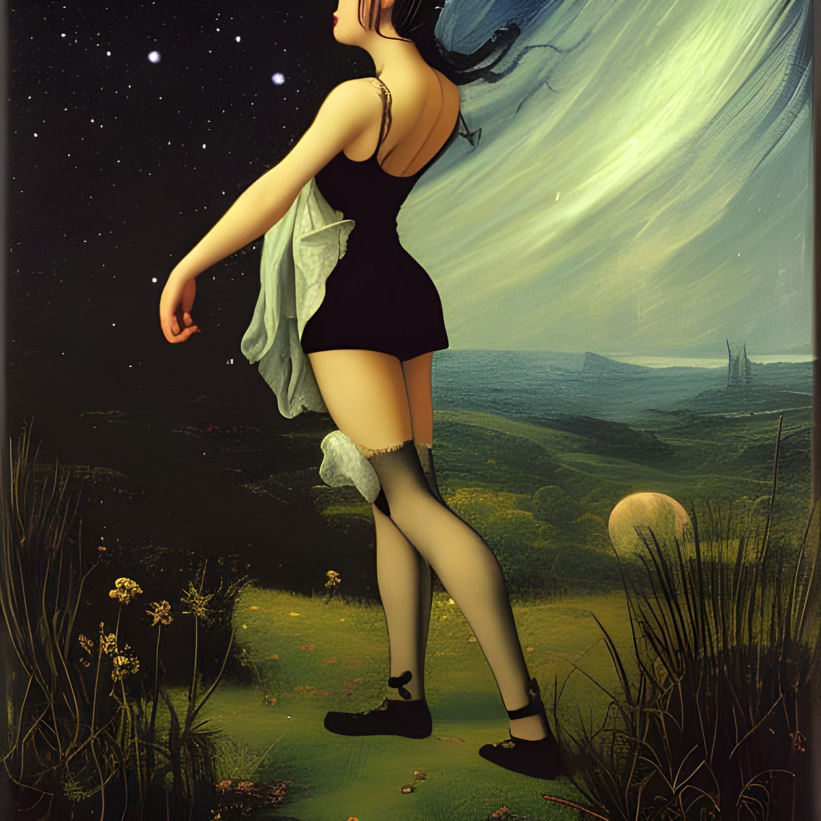 Gothic Girl Sleeping Under Starry Noctilucent Sky