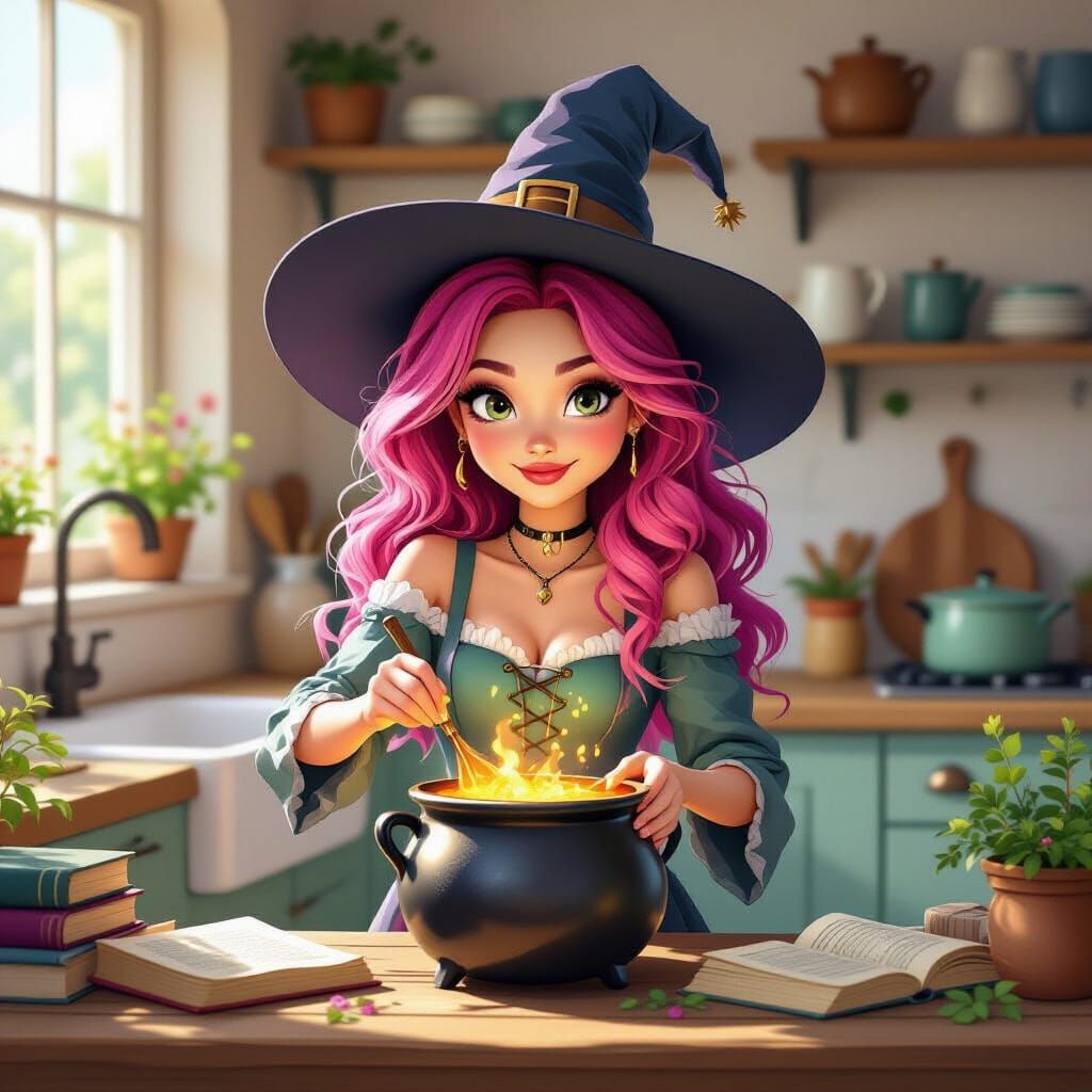 Modern Witch Cooking in Sunlit Kitchen Illustration