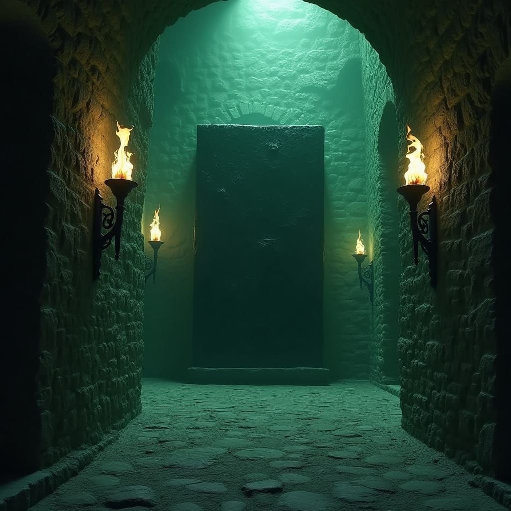 Gothic Stone Hallway with Towering Green Flaming Torches