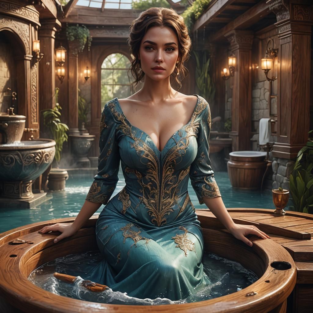Woman by Geyser Bathtub in Detailed Fantasy Art