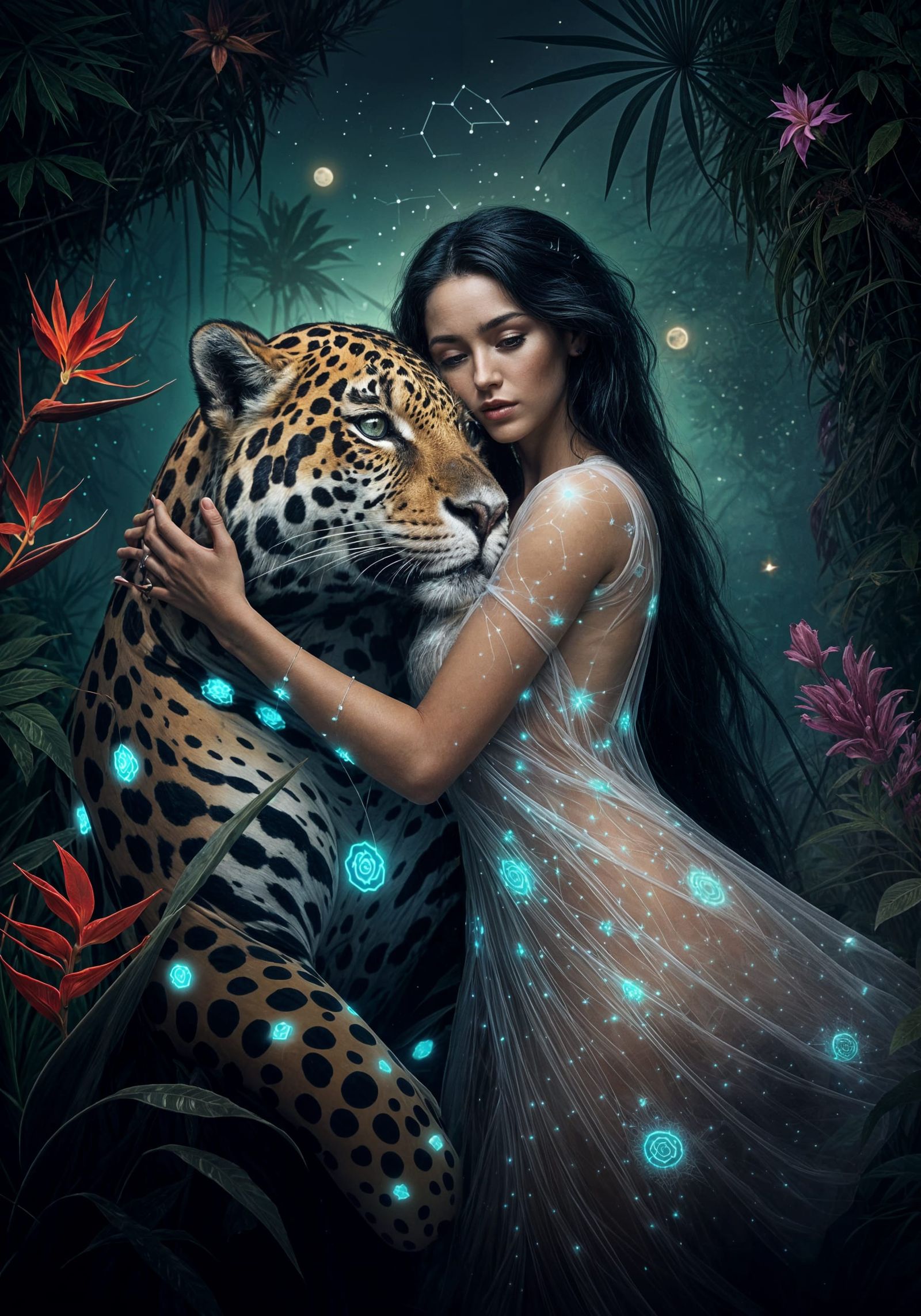 Surreal Goddess in Ethereal Gown with Majestic Jaguar