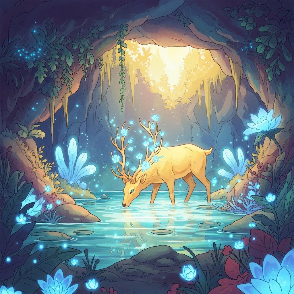 Bioluminescent Grotto with Golden Deer in Watercolor Style