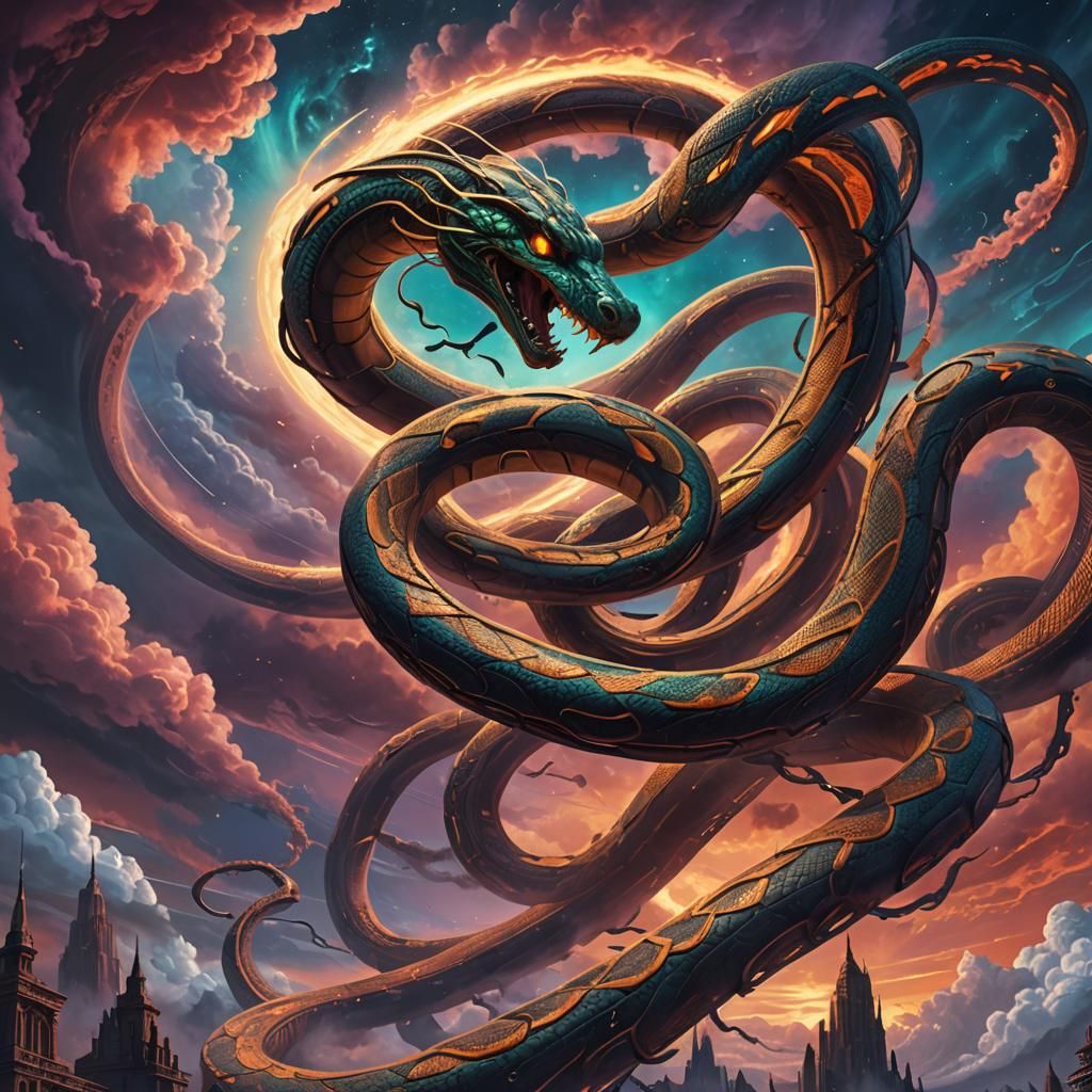 Super Snake Soars Through Mystical Sky: Fantasy Concept Art