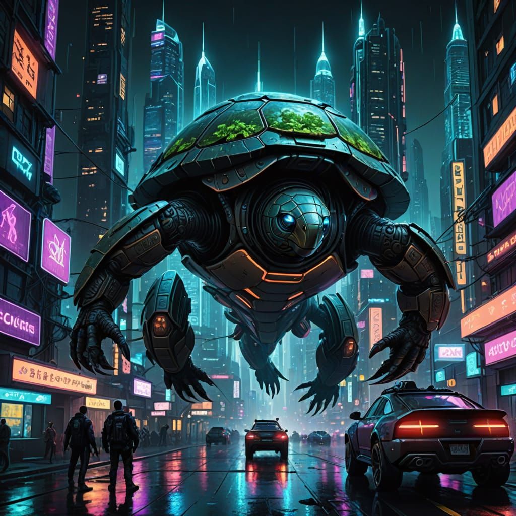 Futuristic City on Giant Turtle in Cyberpunk Style