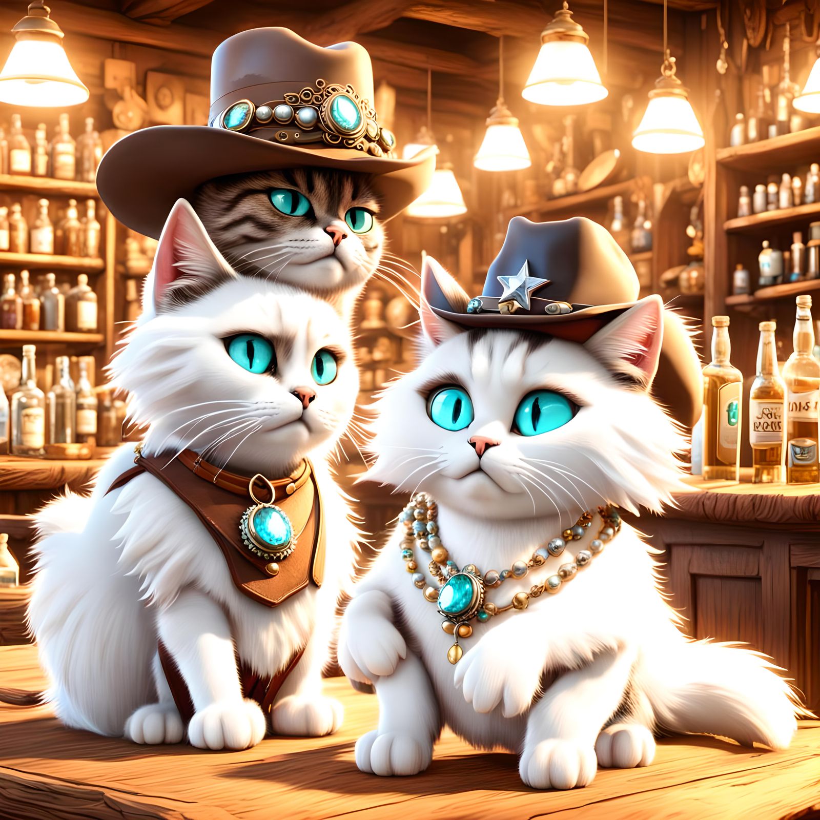 Cartoon Cats in a Wild West Bar, 3D Rendered
