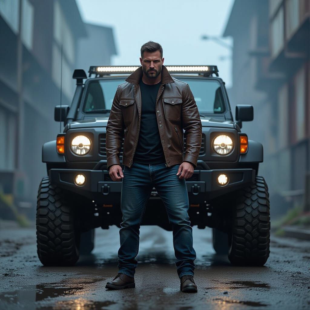 Rugged Man and 4x4 SUV in Industrial Setting