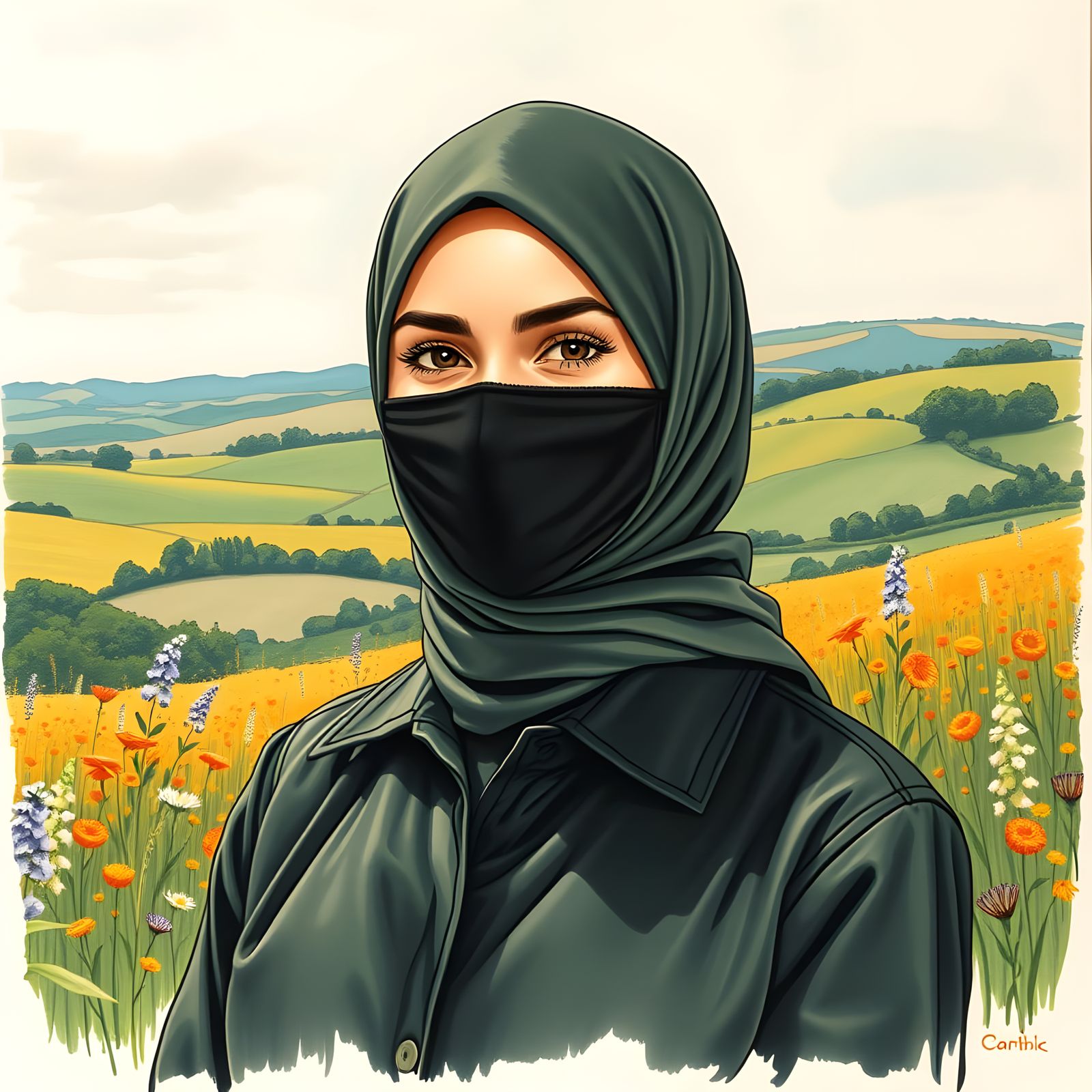 Beautiful Woman in Hijab, Art Nouveau Portrait