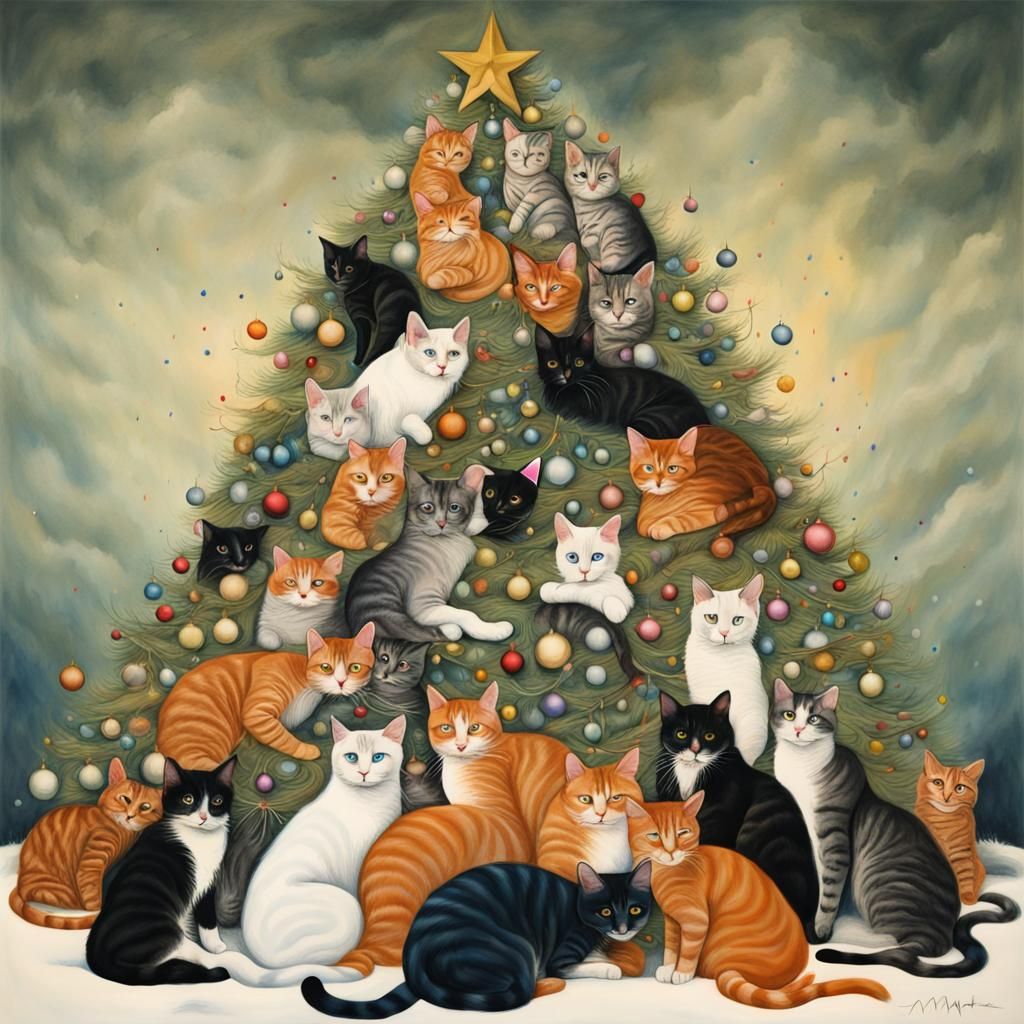 Surreal Cat Christmas Tree: Colorful Ink Flow Art