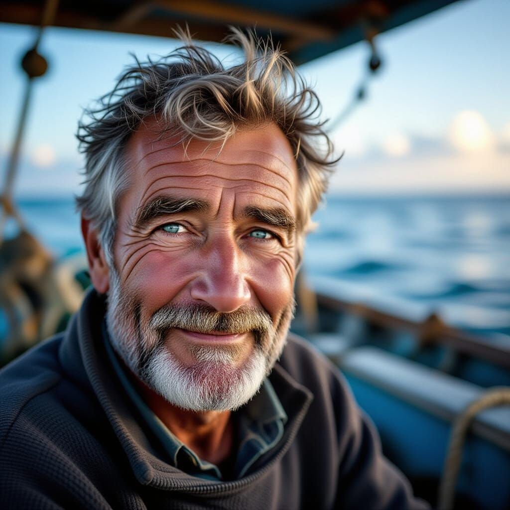 Ancient Man With Blue Eyes Gazes Lovingly From Seascape