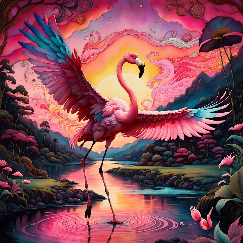 Psychedelic Pink Flamingo Gouache Painting