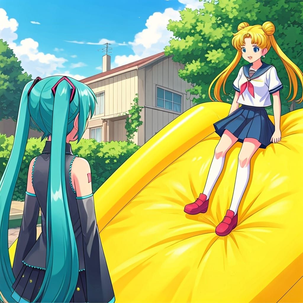 Hatsune Miku and Usagi Bouncy Castle in Ghibli Style