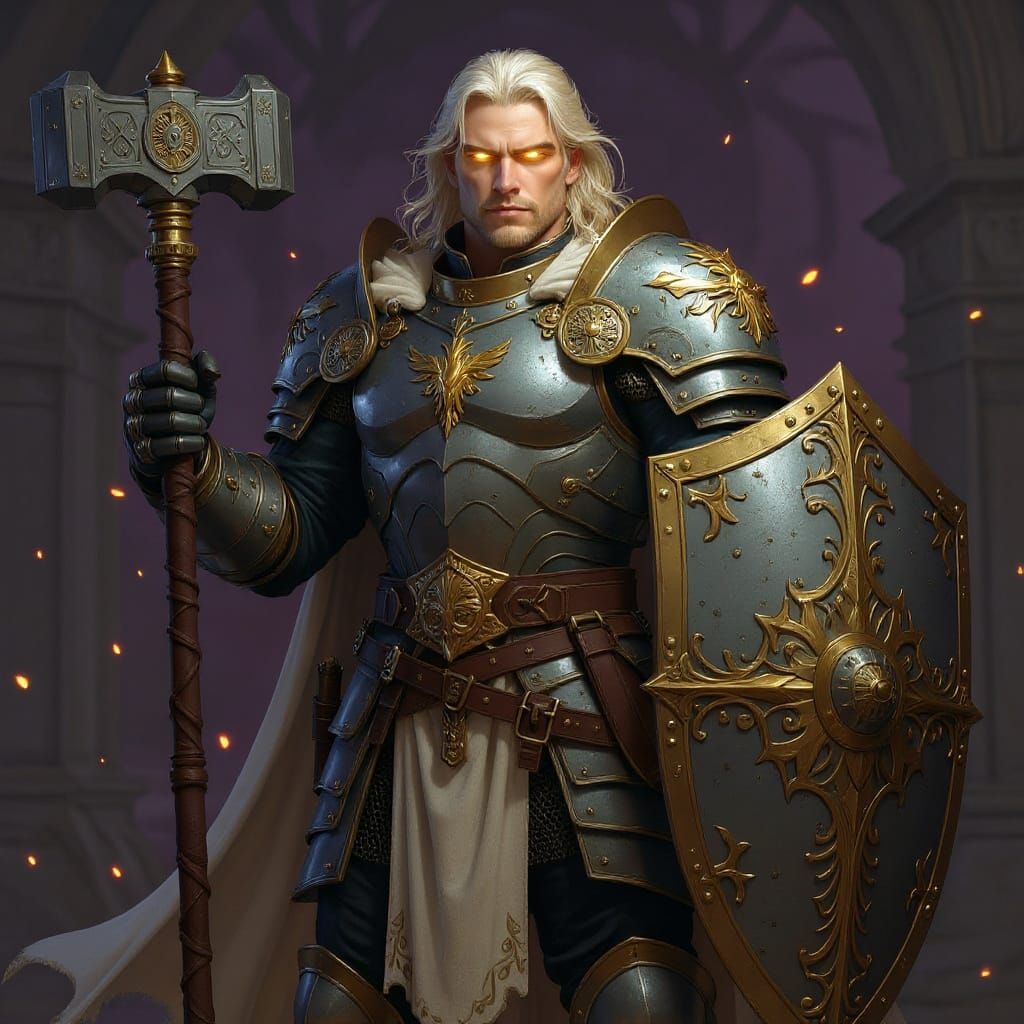 Aasimar Paladin in Shining Armor, Dark Fantasy Art
