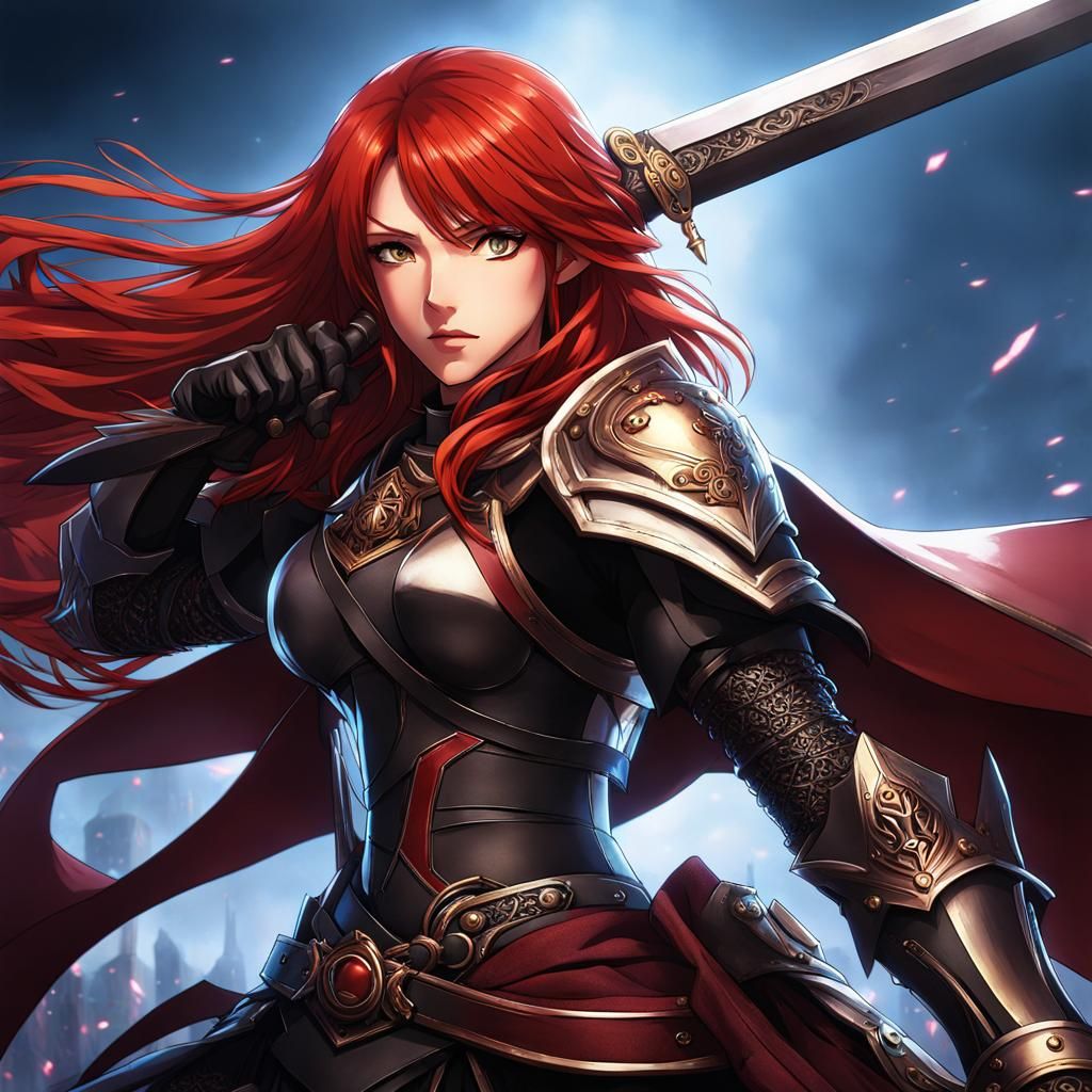 Red-Haired Warrior Woman in Anime Style Armor