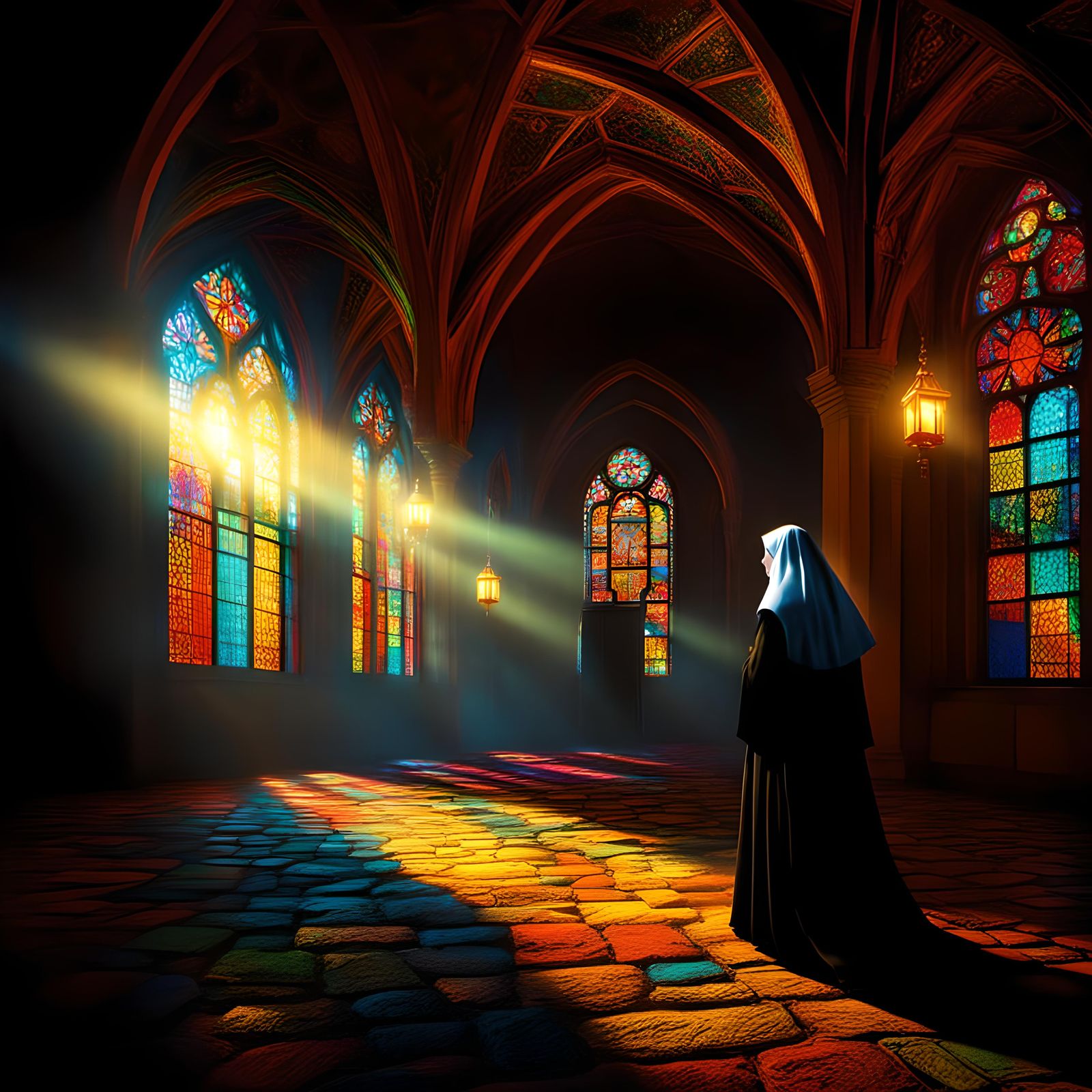 Mysterious Nun in Convent with Luminous Details