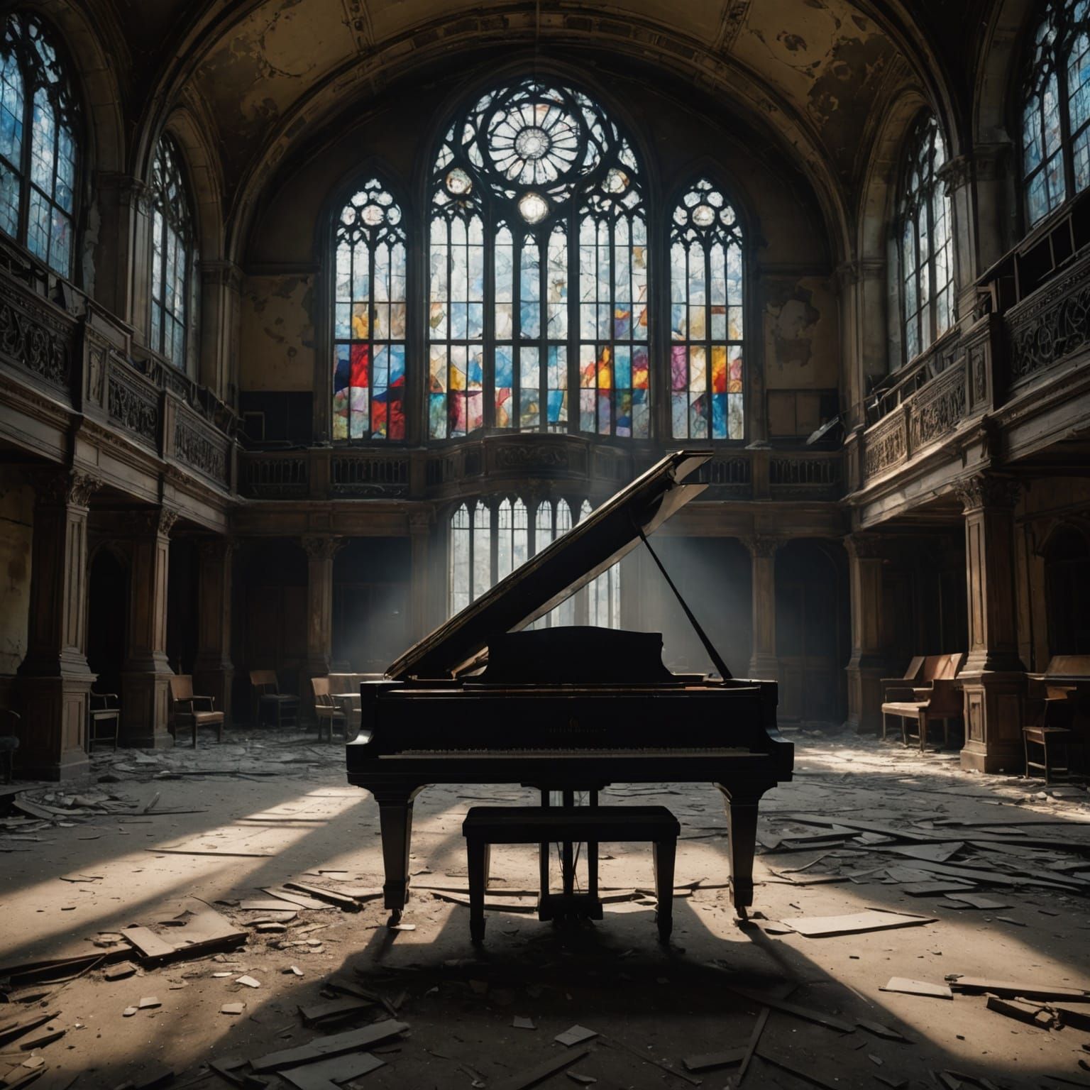 Surreal Concert Hall Scene with Phantom Piano Music