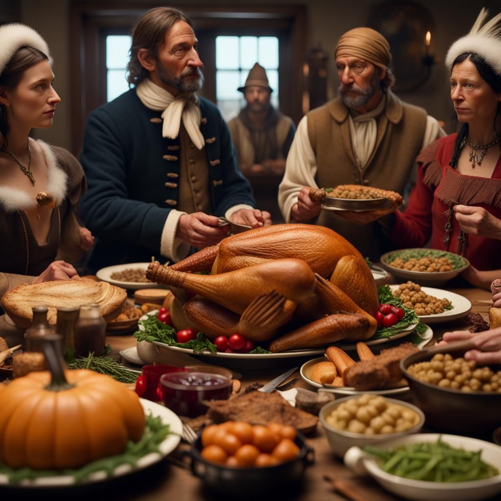 Pilgrims and Native Americans at Thanksgiving Feast