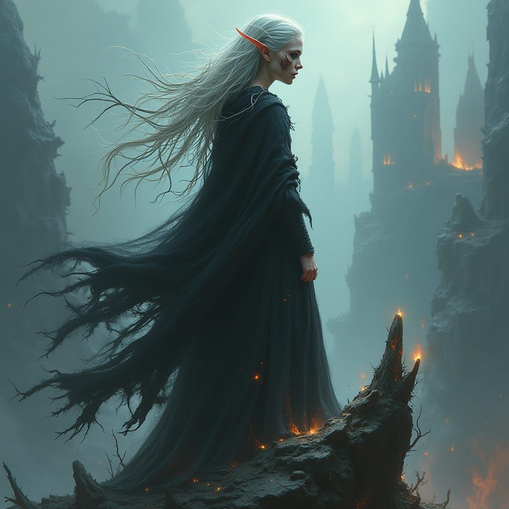 Twisted Elf Amidst Ruined Crystal Spires in a Darkened World
