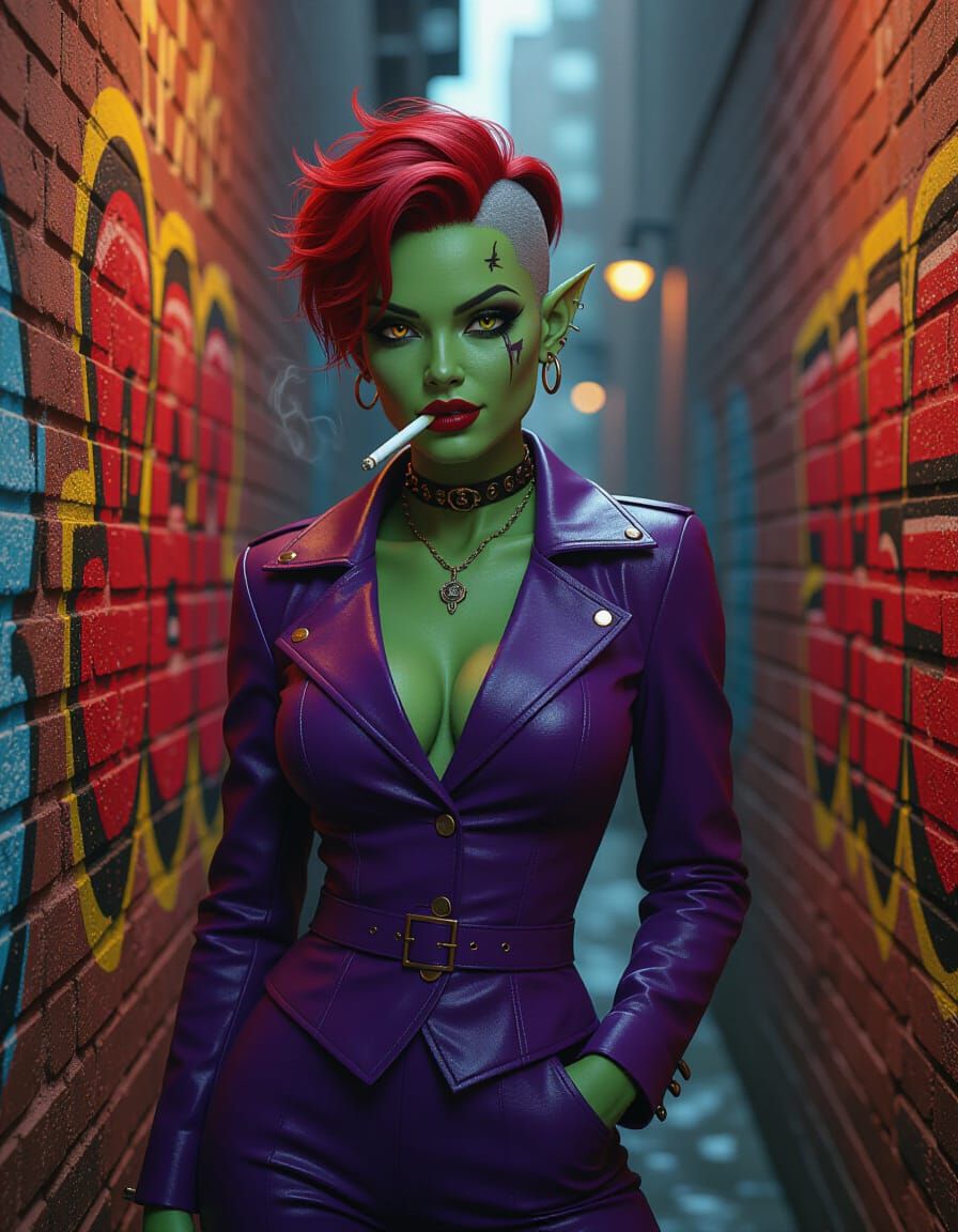 Orc Femme Fatale in Graffiti Alley, Hyperrealistic Style