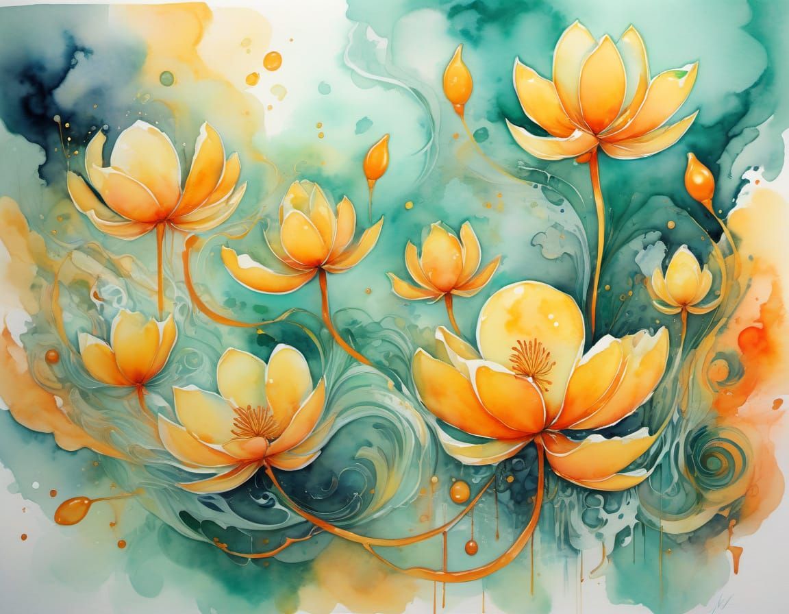 Brilliant Saffron Spectral Jade Abstract Painting