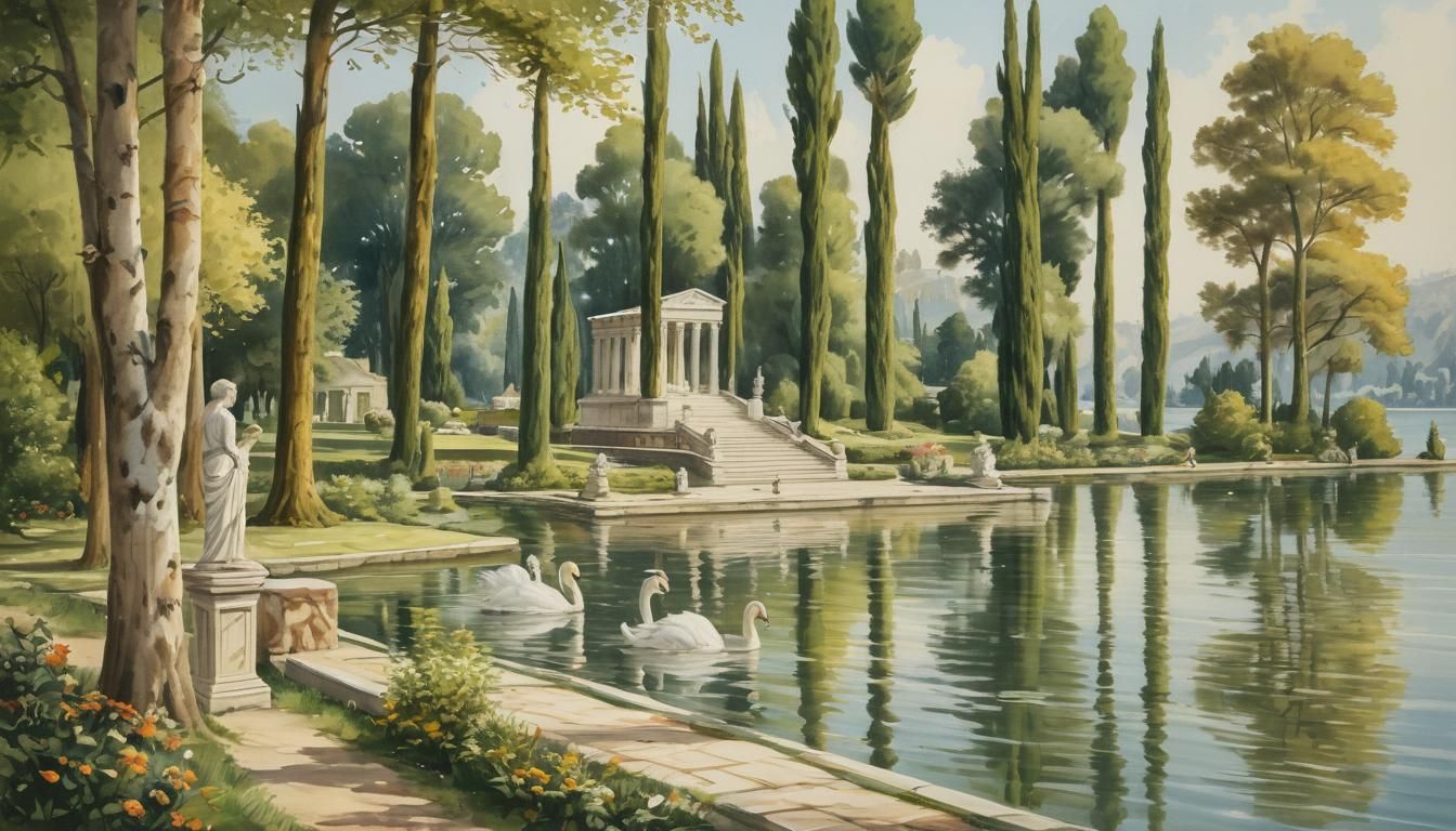 Serene Lakeside Park with Roman Statues in Watercolor