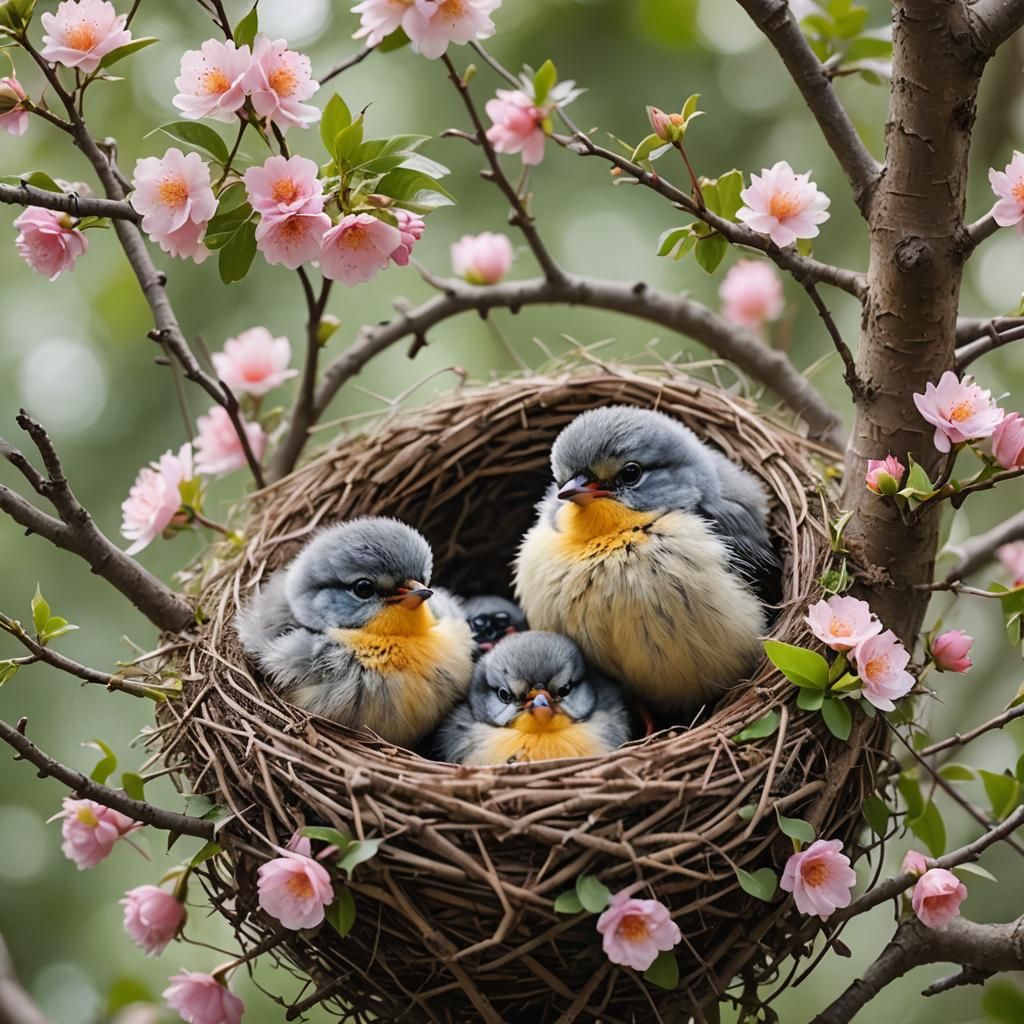 Fluffy Bird Family in Nest: Photography