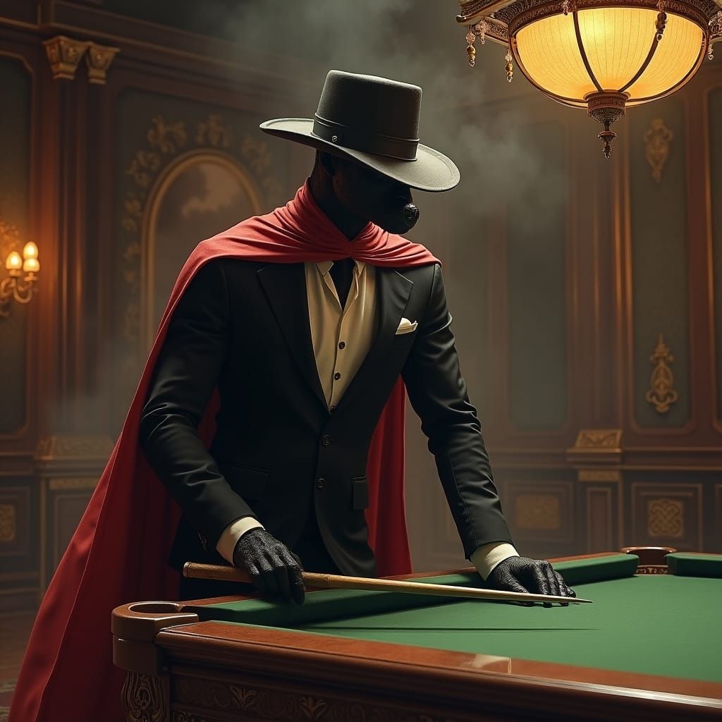 Anthropomorphic Zorro Plays Billiards in Ornate Hall