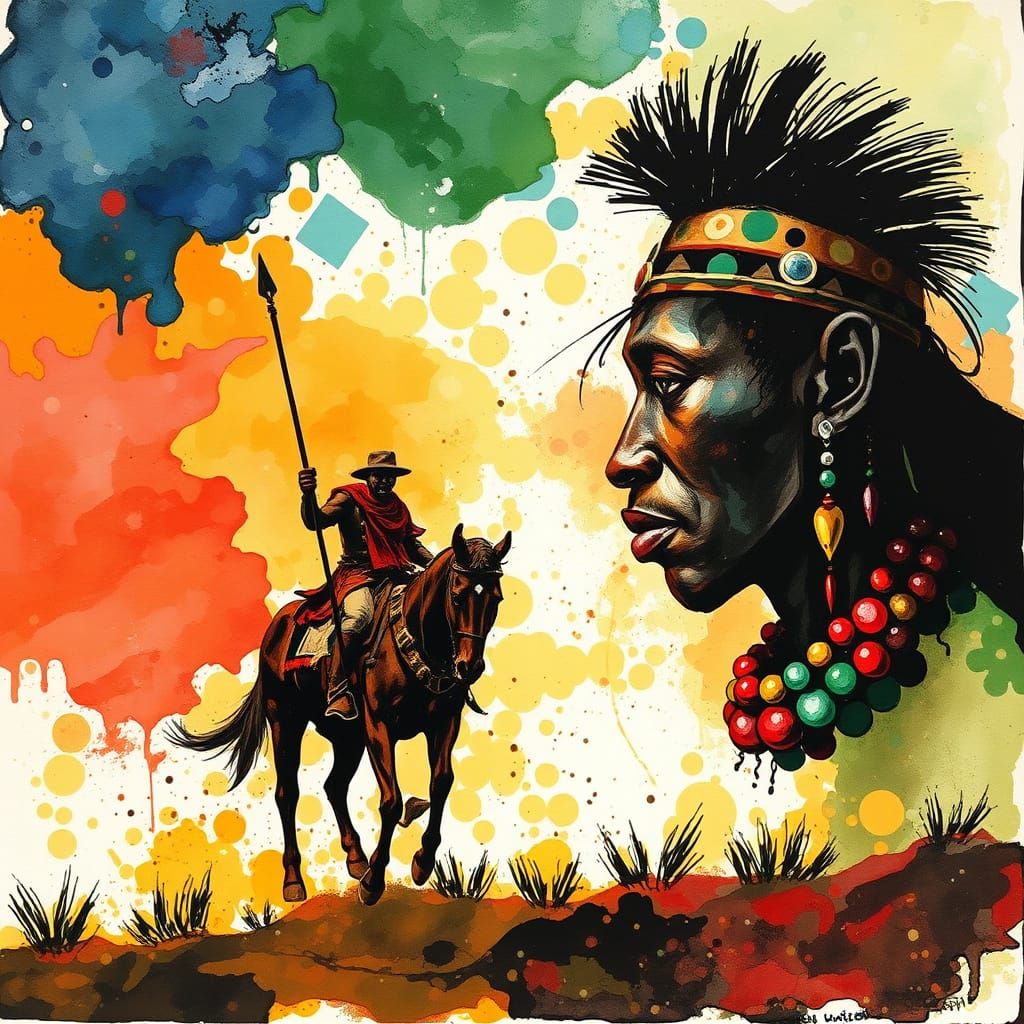 Surreal African Warrior in Vibrant Pointillist Style