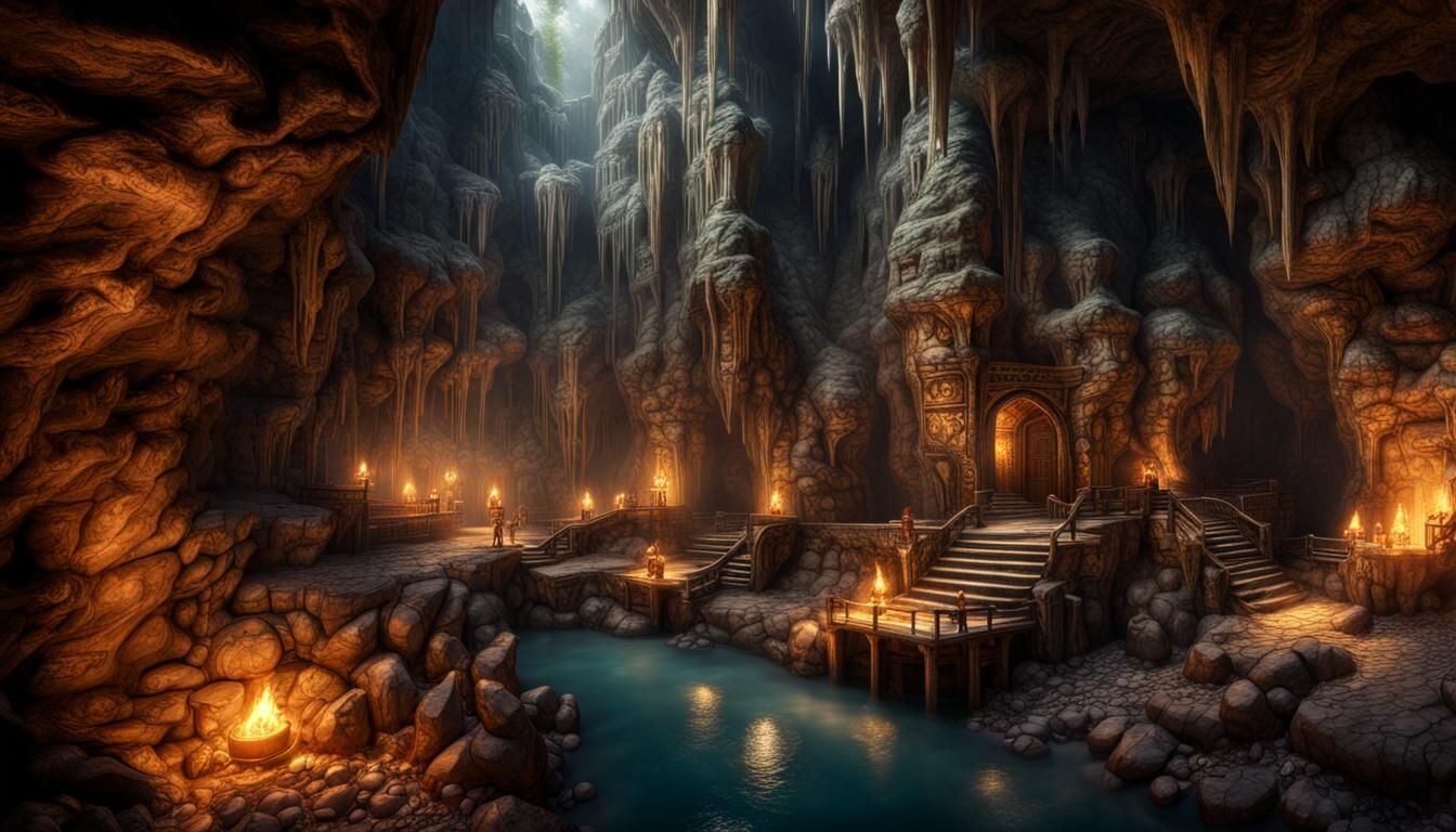 Hyperrealistic Dwarven City in Gemstone Cavern