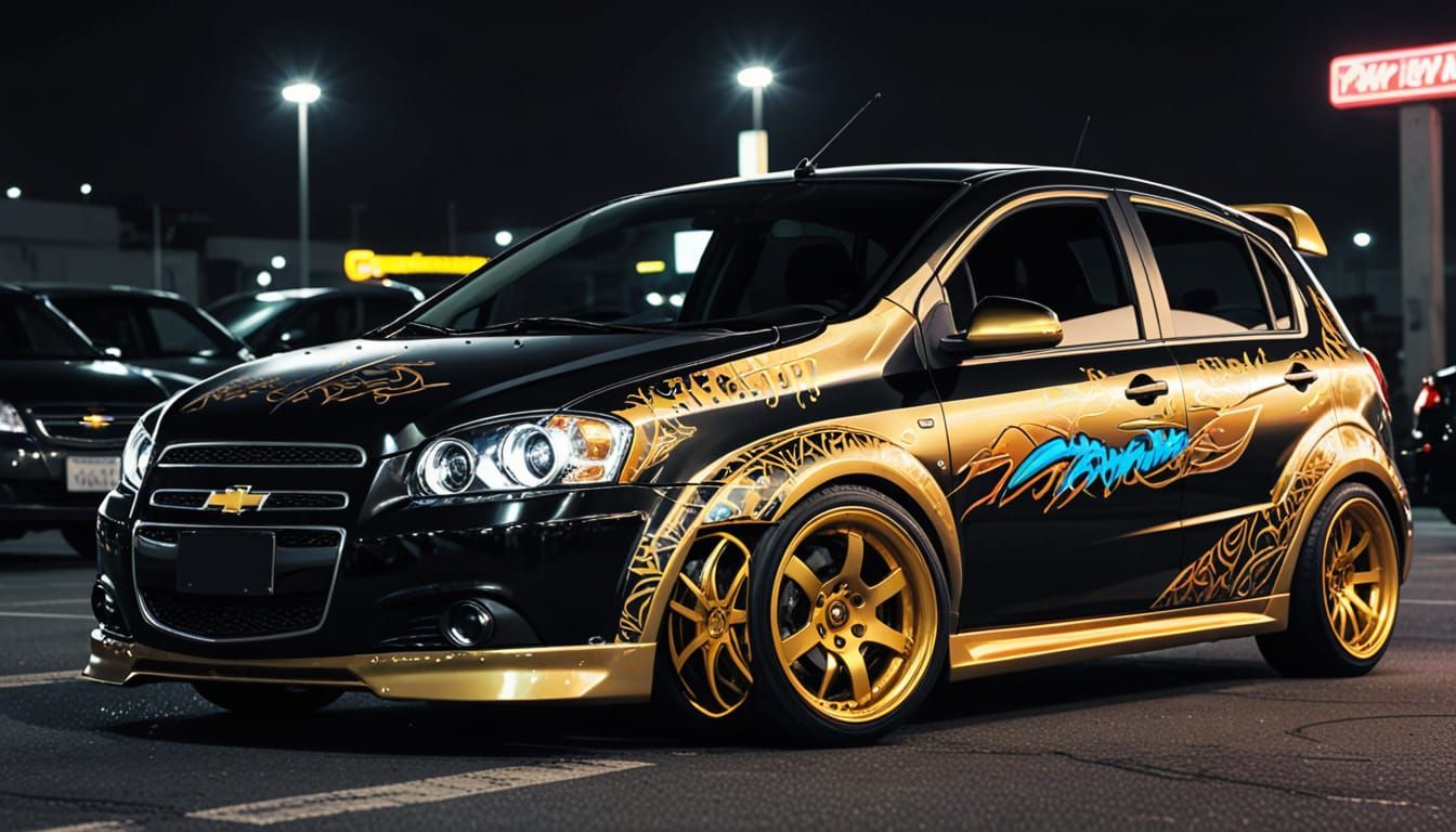 Retro-Futuristic Chevrolet Aveo with Neon Graffiti