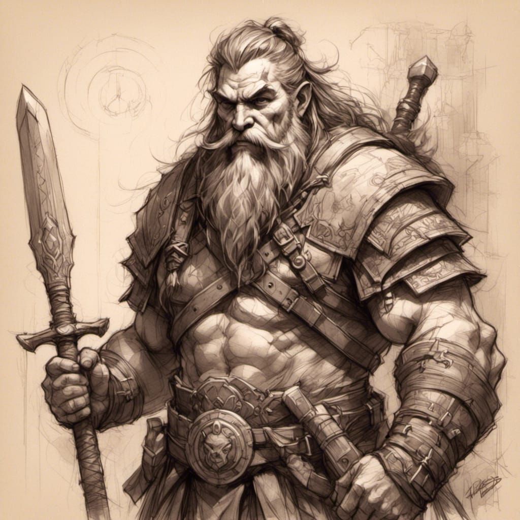 Anime Sketch of a Dwarf Barbarian with Battleaxe