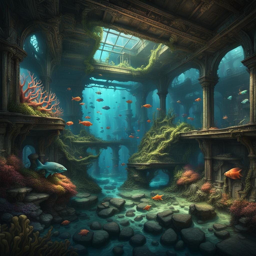 Underwater City Ruins with Time Machine, Hyperdetailed Art