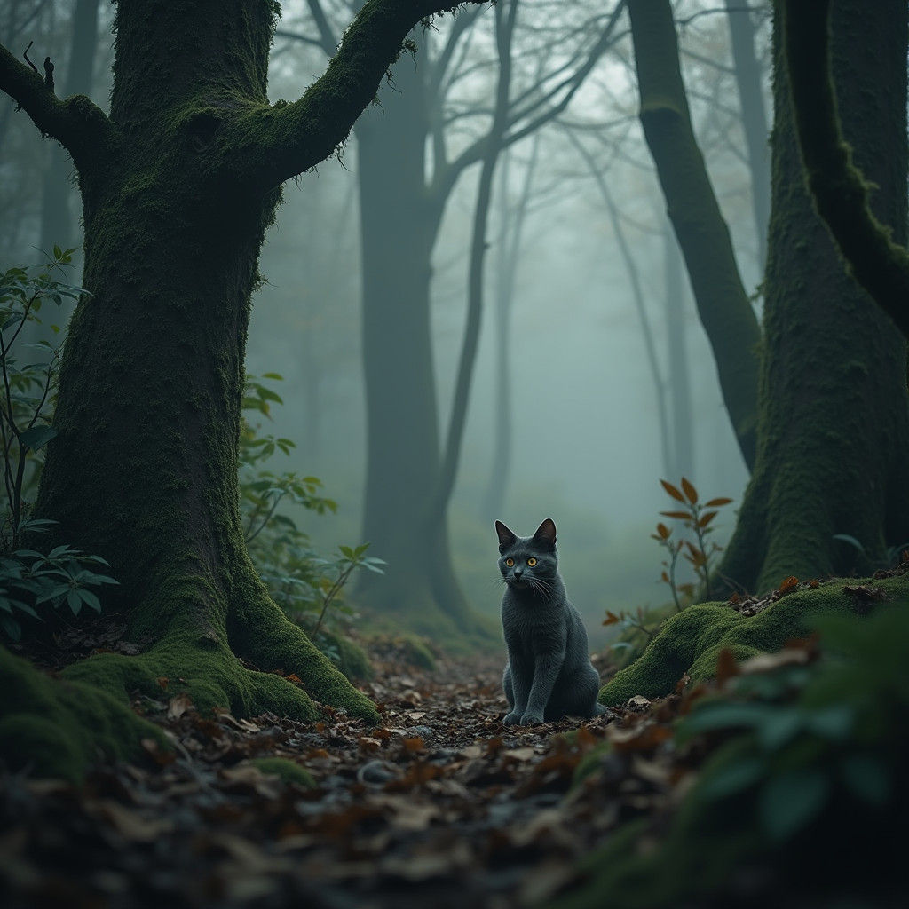 Lone Cat in Misty Forest: Hyperrealistic Digital Art