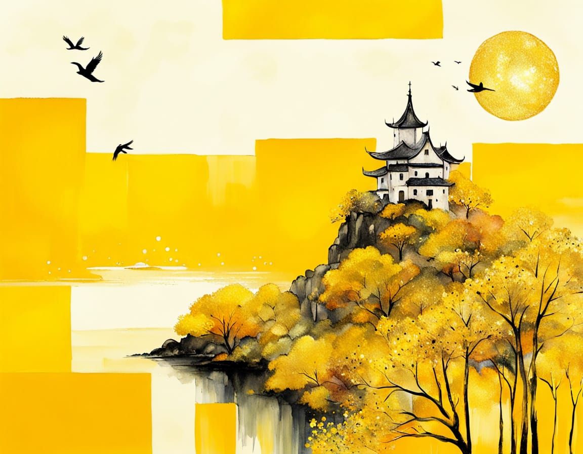 Yellow Fantasy Castle Landscape in Sumi-e Style