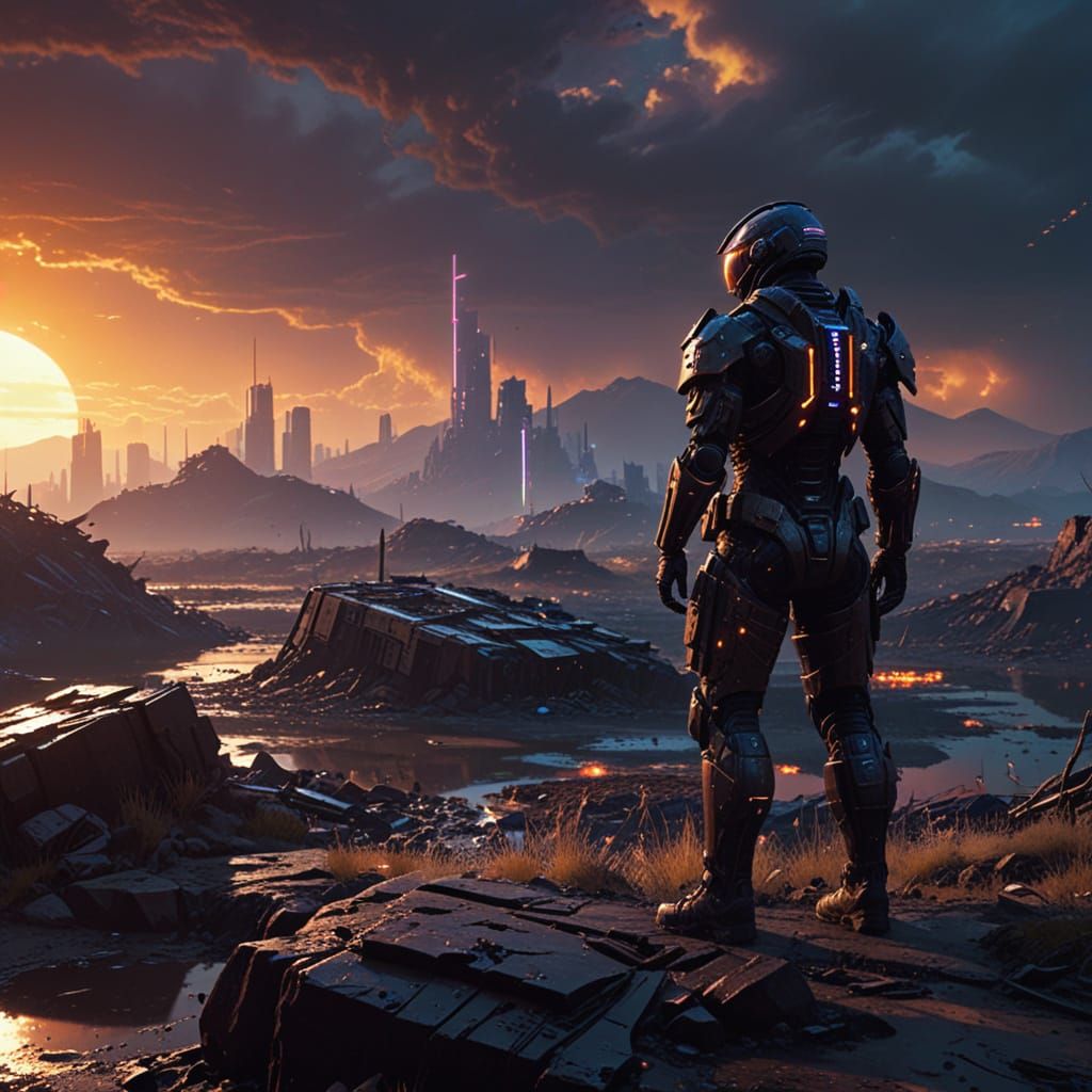 Cyberpunk Warrior Stands Vigilant in Gritty, Neon-Lit Wastel...